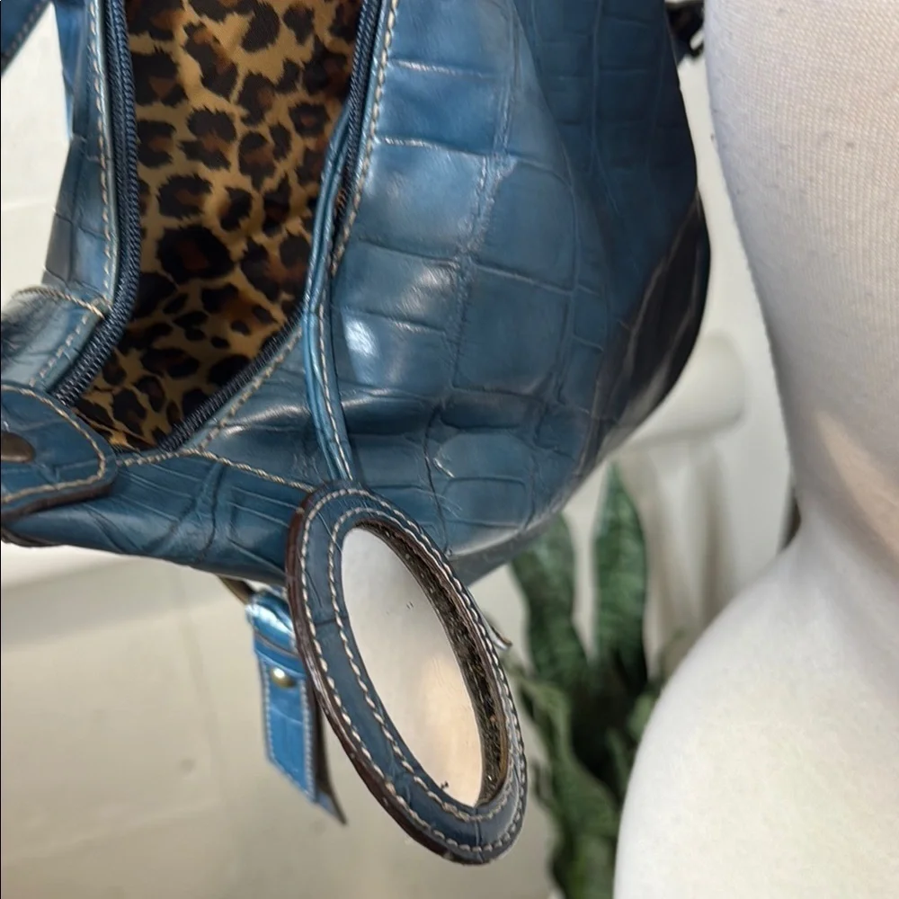 Nine West Blue Textured Women's Backpack blue alligator pattern w cheetah lining